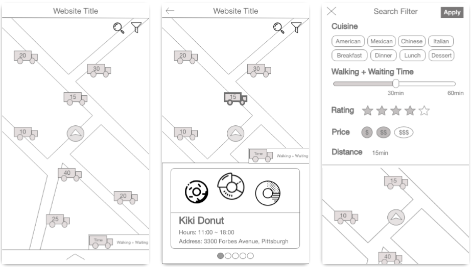 first panel of black and white wireframe for app