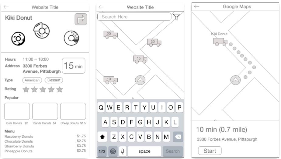 second panel of black and white wireframe for app