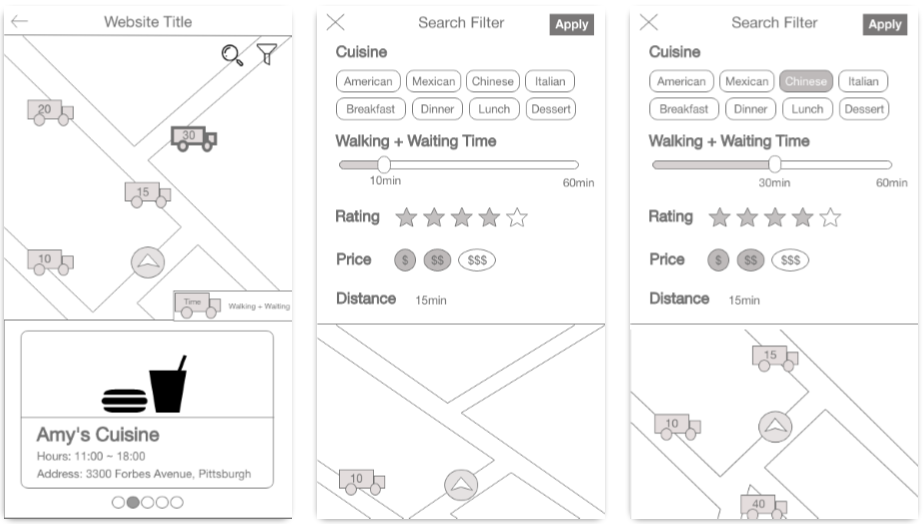 third panel of black and white wireframe for app